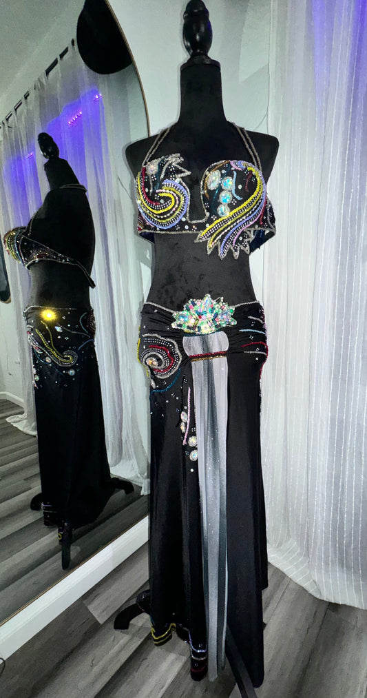 Black and Multicolor Hand-Beaded Bellydance Costume